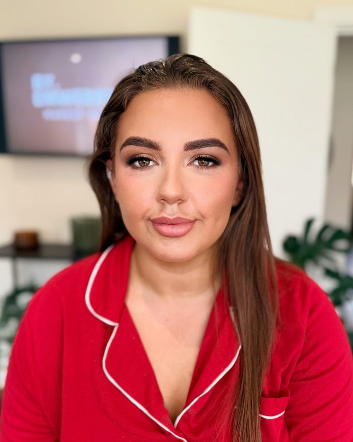 Bronze-toned makeup in red pyjamas, by By.EmWebster